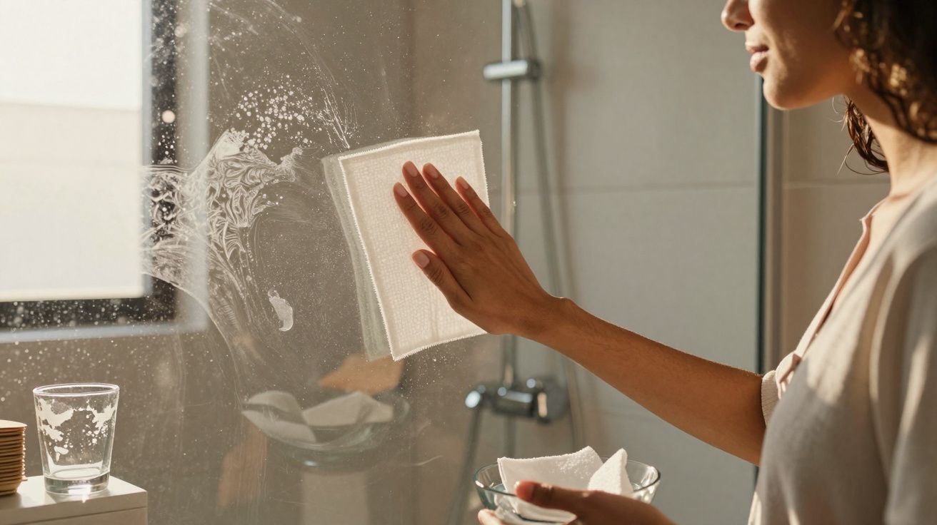 Pessoa limpa vidro de box do banheiro com pano branco e sabão, luz natural entrando pela janela.