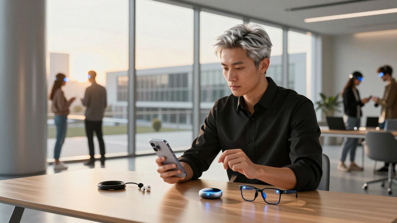 Jovem sentado à mesa olhando para celular em escritório moderno com pessoas conversando ao fundo.