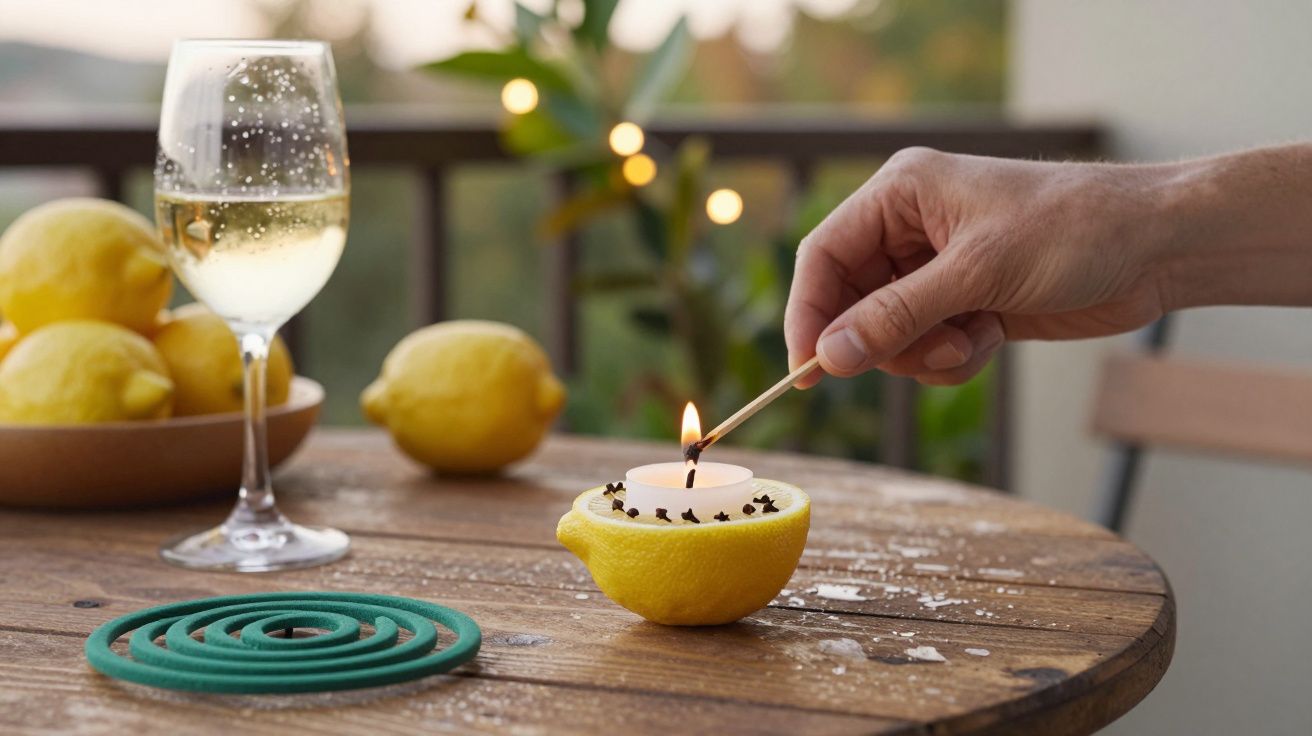 Mão acendendo vela dentro de limão, com espiral repelente, copo de vinho e limões em mesa de madeira.