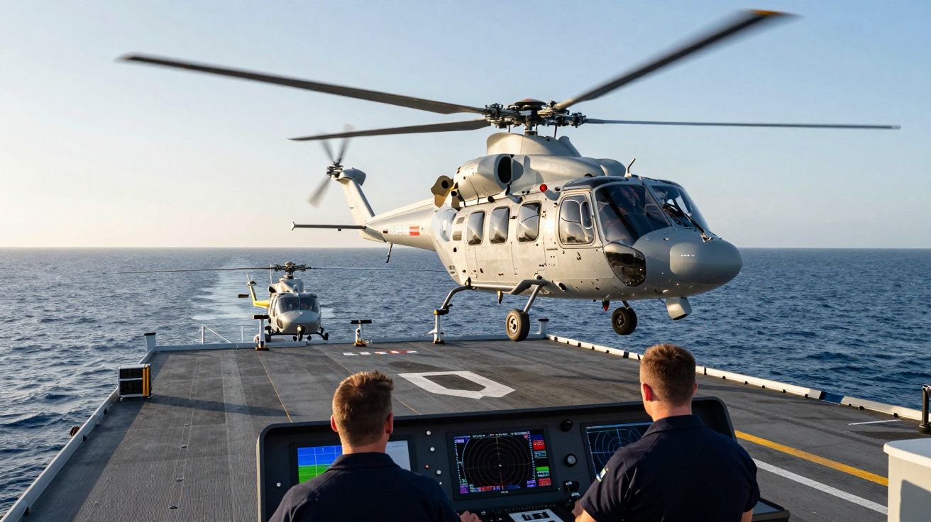 Dois militares operam controles enquanto helicóptero pousa em navio no mar durante o dia.