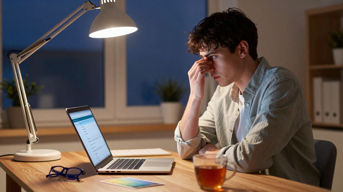 Homem cansado mexendo no rosto enquanto trabalha com laptop à mesa iluminada por luminária à noite.