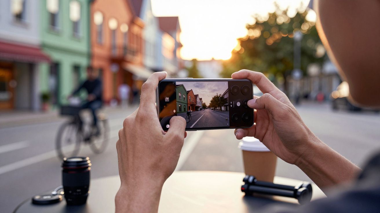 Pessoa tirando foto de rua com casas coloridas ao entardecer usando smartphone.