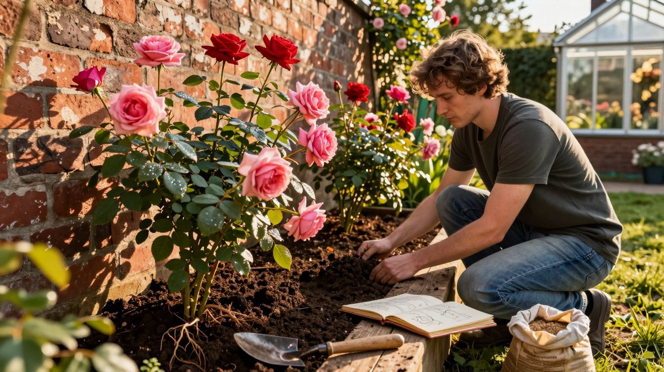 Homem cuidando do jardim de rosas vermelhas e rosas ao lado de uma estufa de vidro.