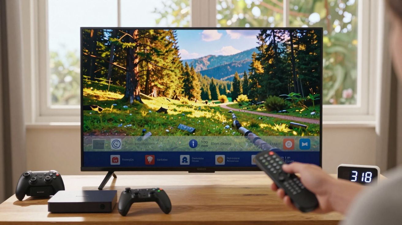 Pessoa segurando controle remoto em frente à TV com jogo de floresta e dois controles em mesa de madeira.