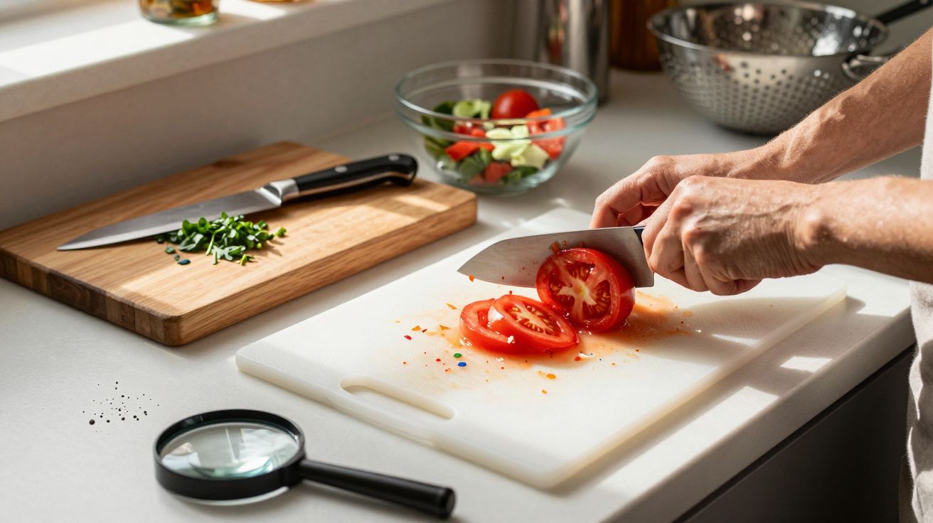 Pessoa cortando tomate na tábua, com temperos e salada ao fundo em bancada de cozinha iluminada.