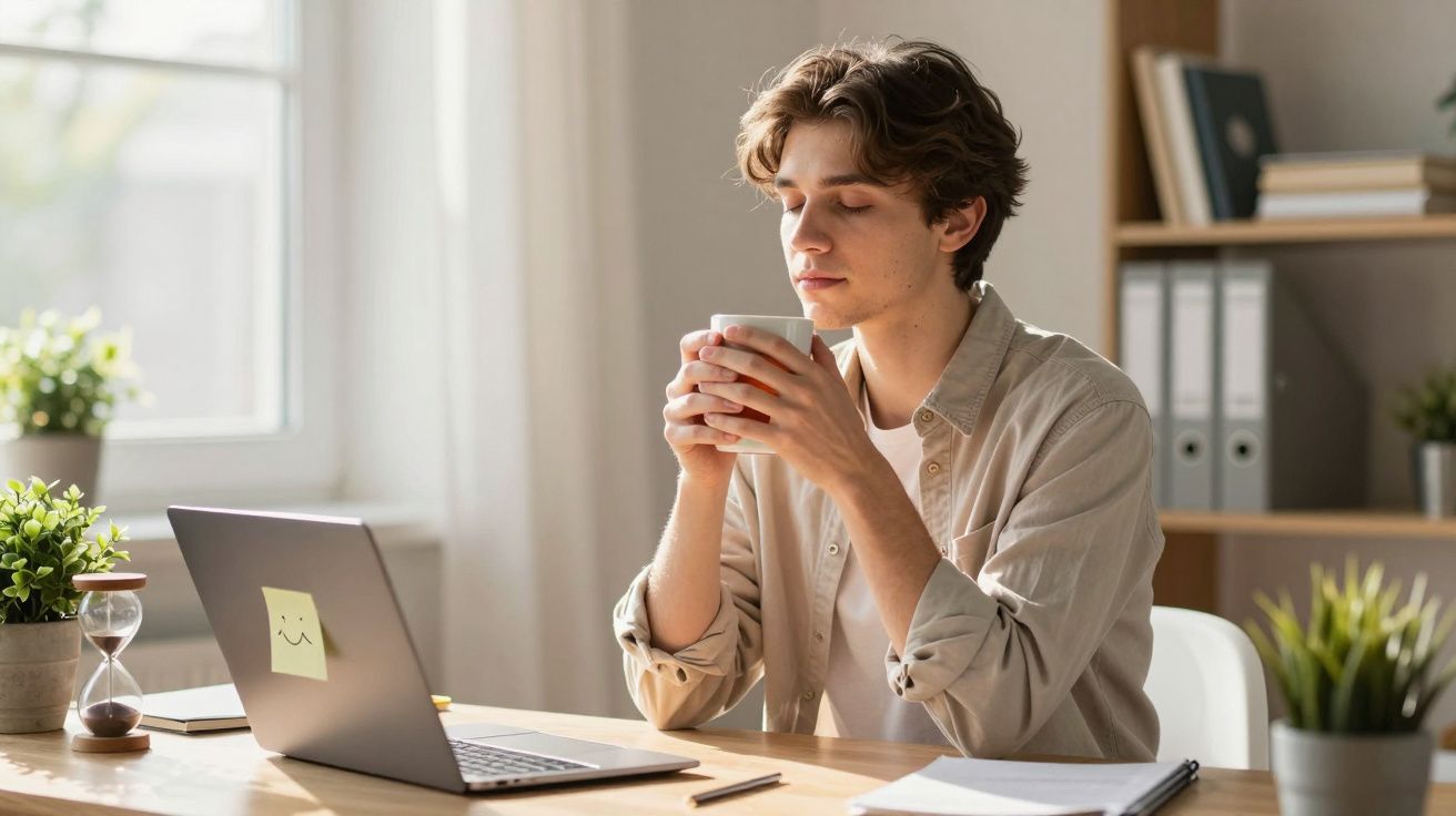 Jovem segurando xícara, sentado à mesa com laptop, plantas e objetos de escritório ao redor.