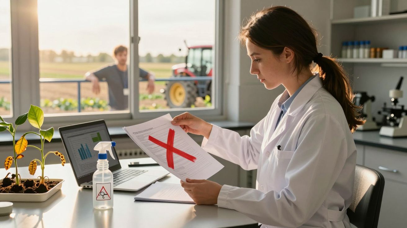 Pesquisadora em laboratório agrícola analisando documento rejeitado com campo e trator ao fundo.