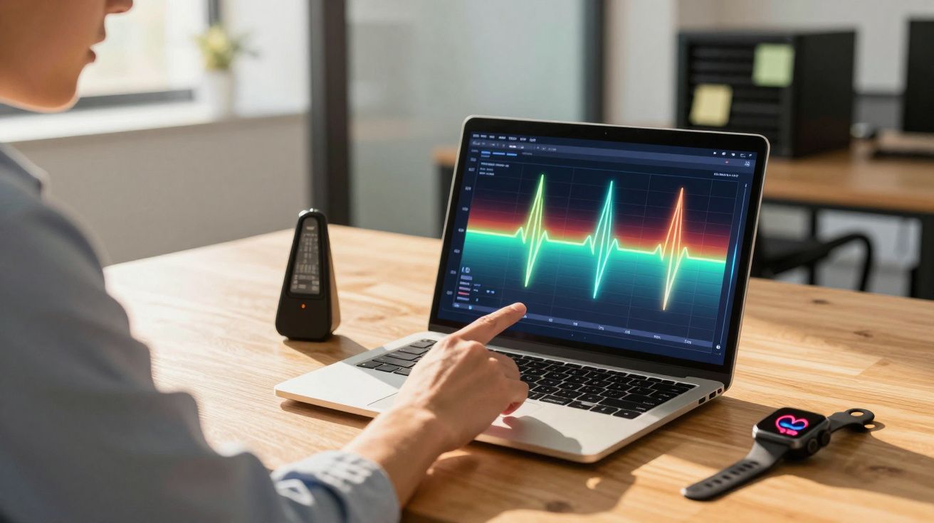 Pessoa analisando gráfico de batimentos cardíacos coloridos em laptop em mesa com smartwatch e metrônomo.