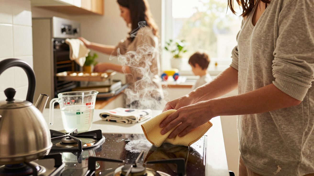Pessoa limpando fogão enquanto outra retira alimento assado do forno e criança está na bancada da cozinha.