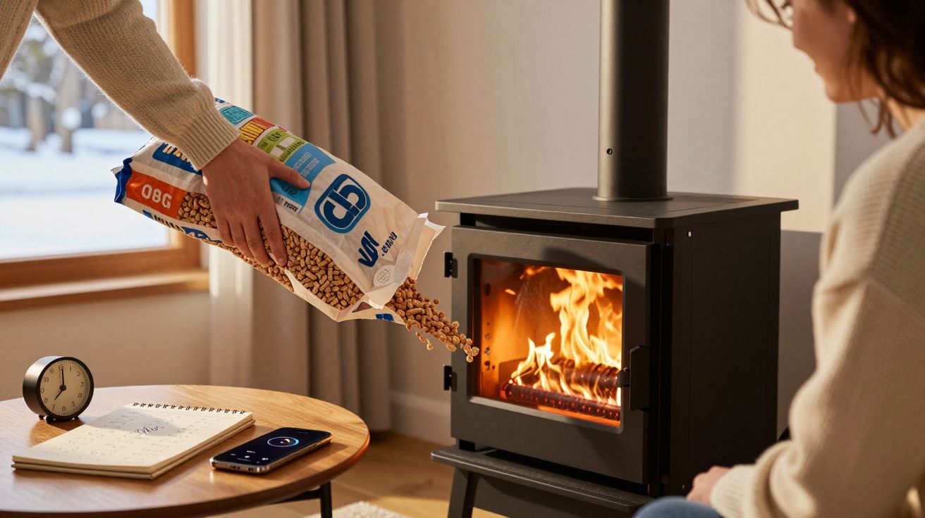Pessoa despejando pellets para fogão a lenha aceso, com relógio, caderno e celular em mesa próxima.