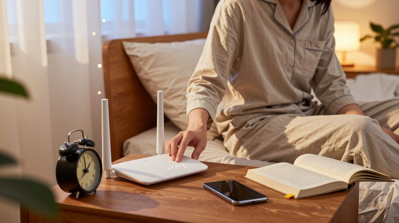 Pessoa sentada na cama ajustando roteador Wi-Fi em mesa com relógio, celular e livro aberto.