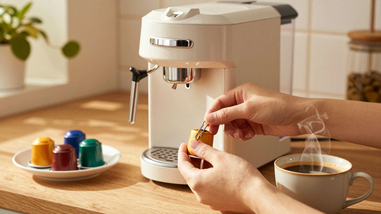 Mãos inserindo cápsula em máquina de café branca próxima a xícara com café fumegante e cápsulas coloridas.