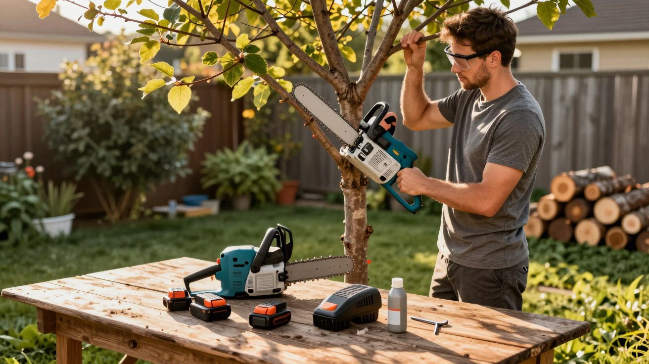 Homem usando óculos de proteção prepara motosserra para podar árvore num jardim ensolarado.