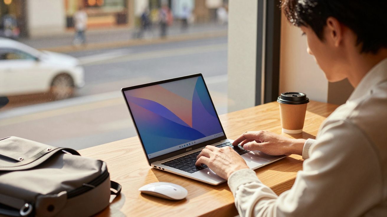 Pessoa usando laptop em mesa próxima a janela com café e mochila ao lado.