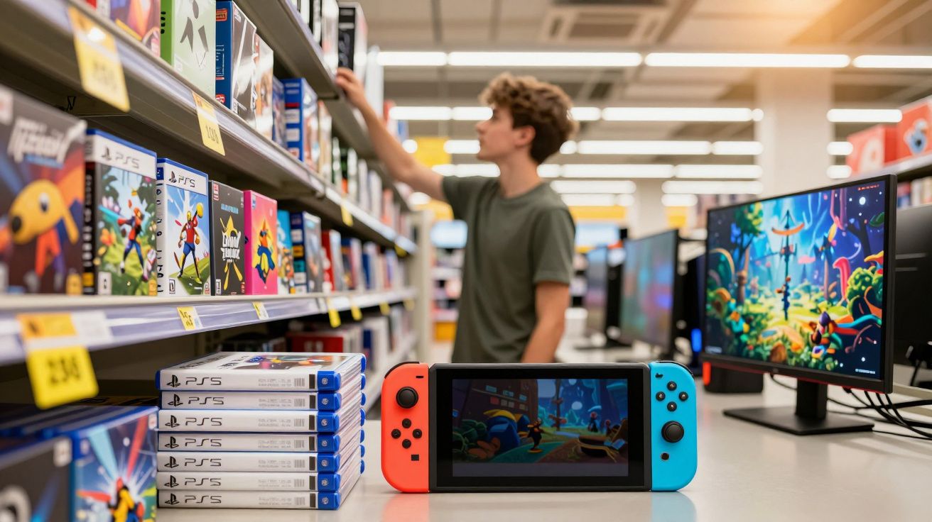 Console Nintendo Switch em destaque na loja, com jogos de videogame na prateleira e jovem escolhendo jogo ao fundo.