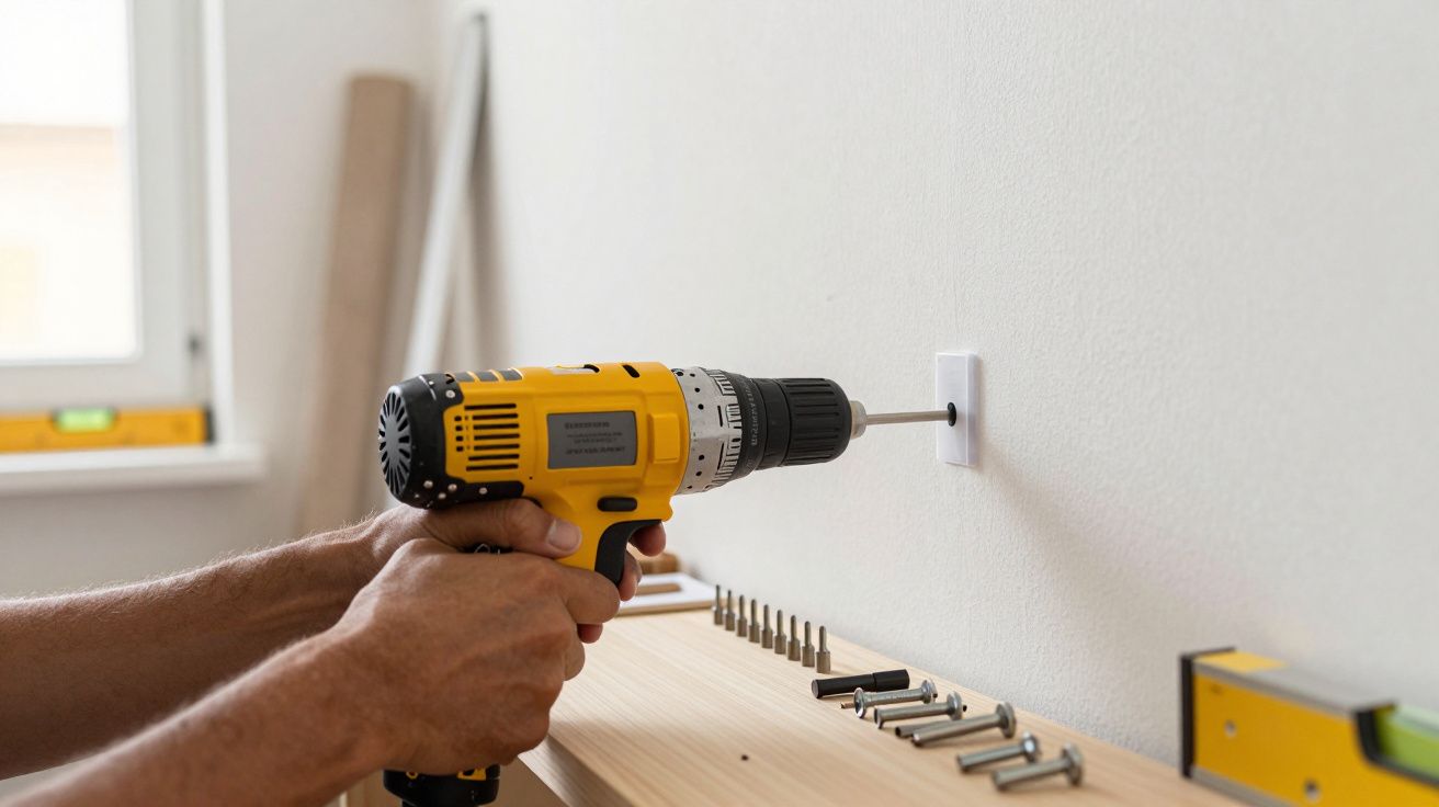 Pessoa usando furadeira elétrica amarela para fixar parafuso em tomada na parede branca.