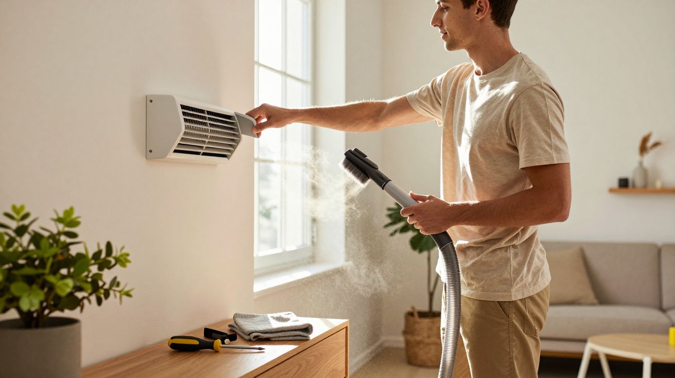 Homem limpando filtro de arcondicionado de parede com aspirador em sala iluminada.