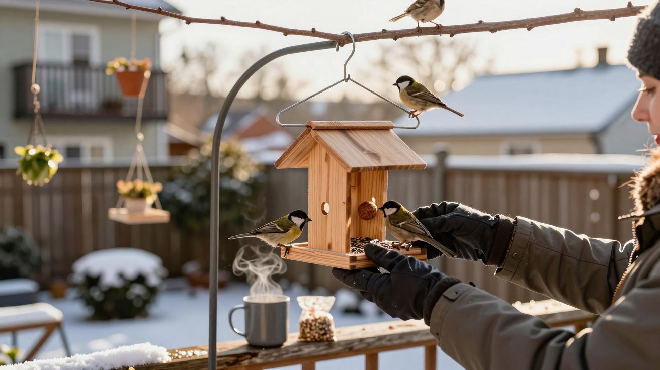 Pessoa alimentando pássaros em comedouro de madeira em um dia de neve no quintal.
