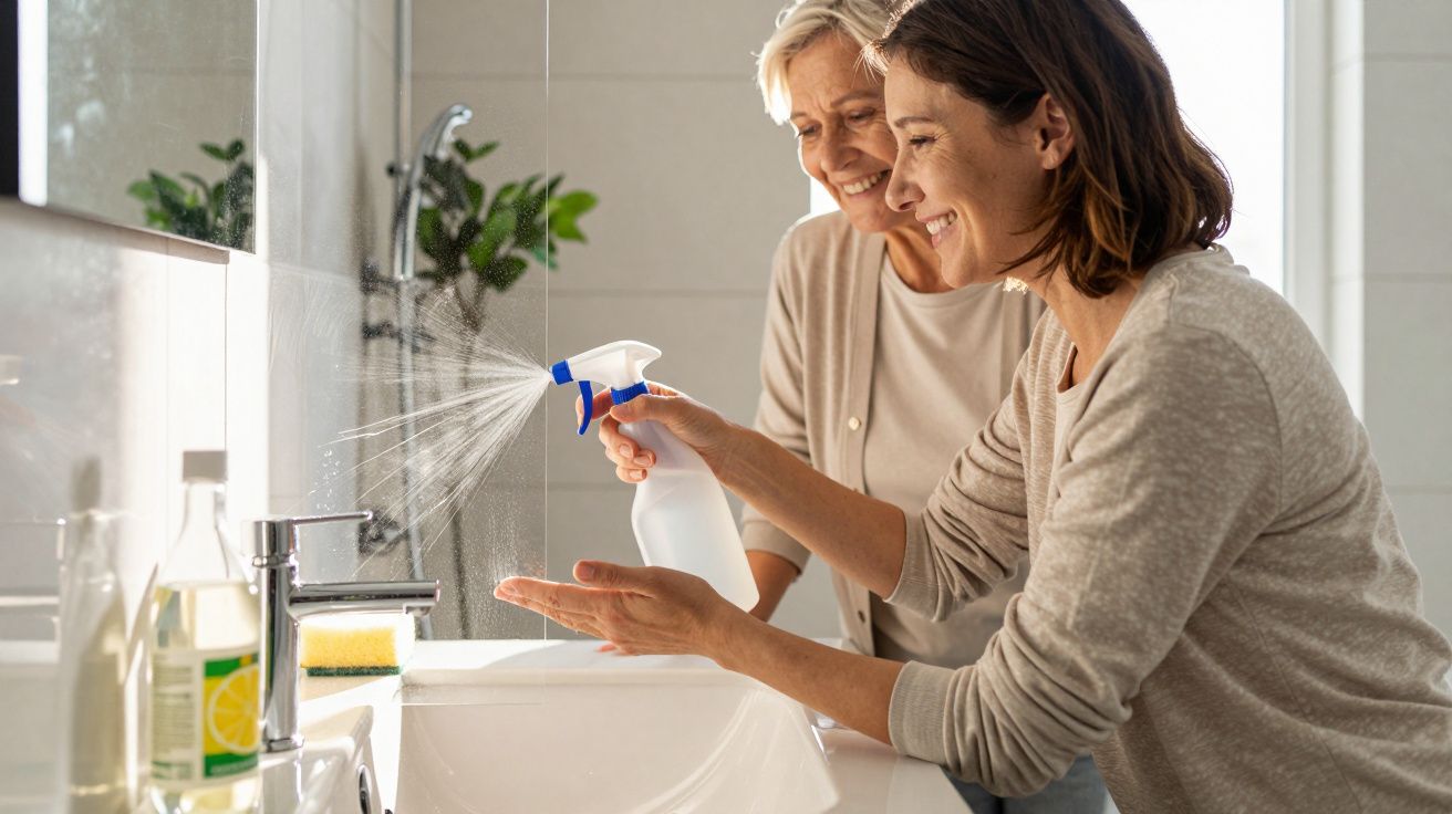 Duas mulheres sorrindo enquanto uma usa borrifador para higienizar as mãos na pia do banheiro.
