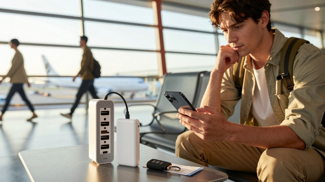 Homem sentado em aeroporto usando celular, com carregador portátil e chaveiro na mesa à frente.