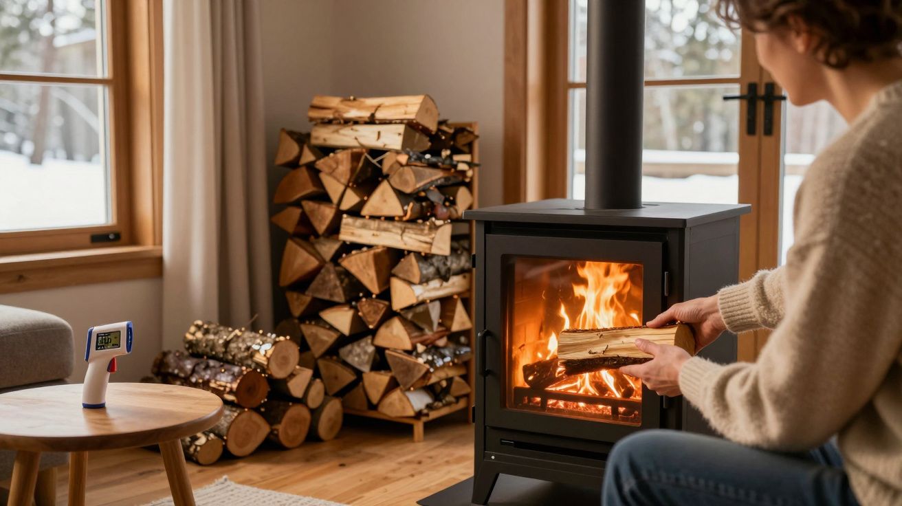 Pessoa colocando lenha em lareira a lenha acesa em sala com madeira empilhada e janelas com neve do lado de fora.