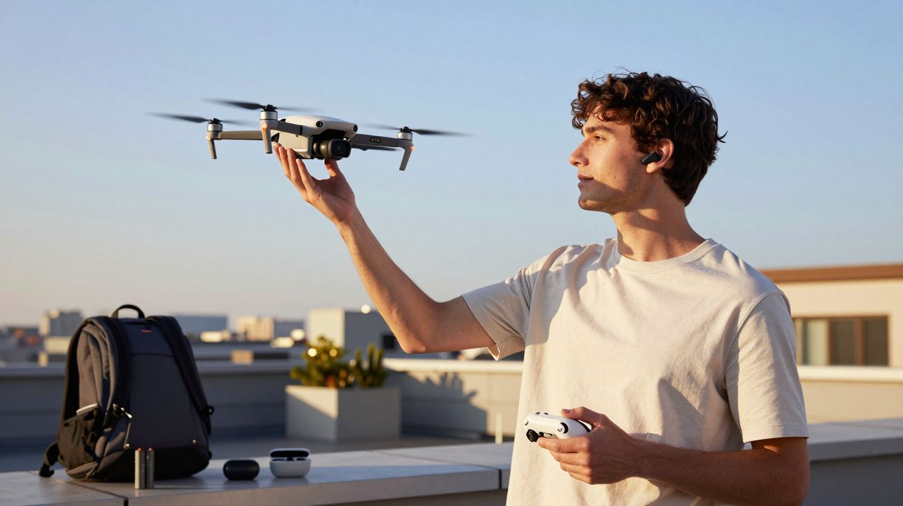 Homem operando drone com controle remoto em área externa urbana durante o dia.