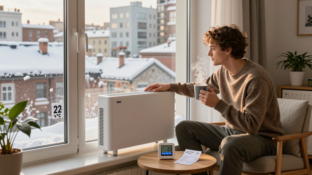 Jovem sentado ao lado de aquecedor perto da janela em ambiente interno com xícara quente na mão.