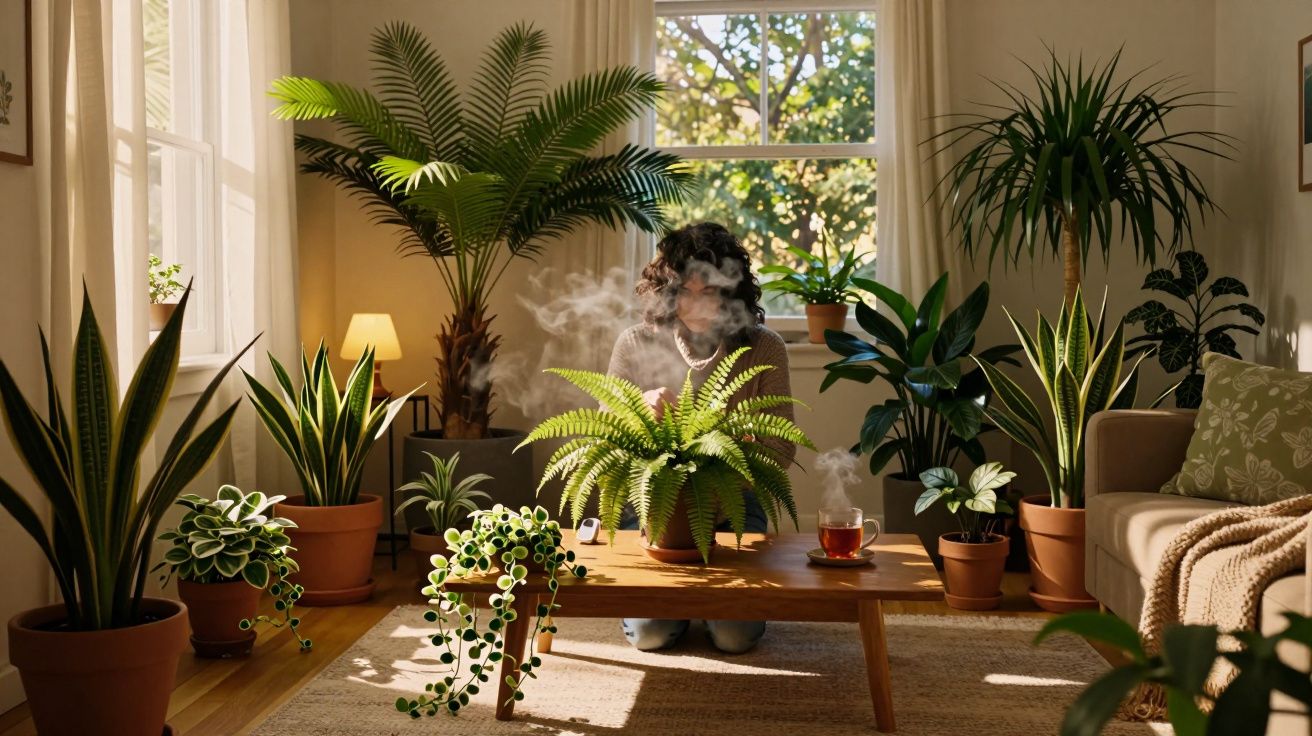 Pessoa sentada atrás de mesa com plantas e xícara de chá em sala iluminada por janela.
