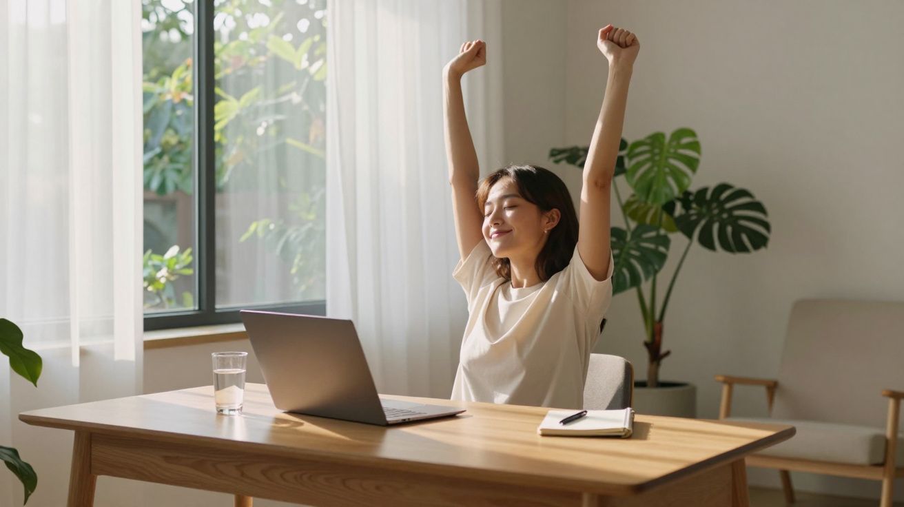 Jovem sentada ao computador esticando os braços em um ambiente iluminado e com plantas ao fundo.