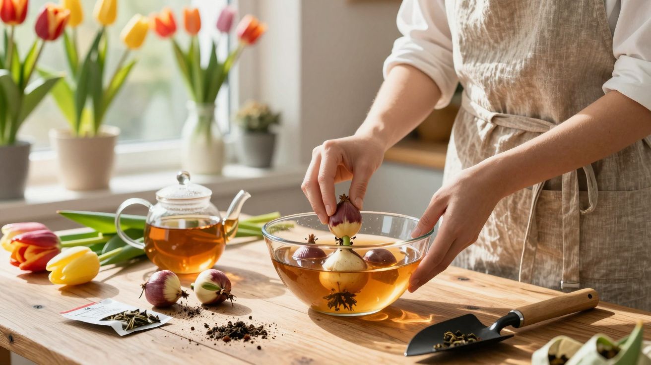 Pessoa colocando cebolinhas em tigela com água para cultivo, com flores e bule na mesa de madeira.