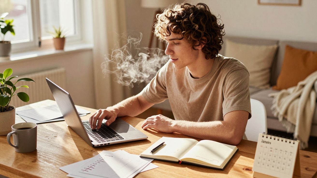 Jovem sentado em mesa iluminada pelo sol, usando notebook, com café, caderno e calendário.