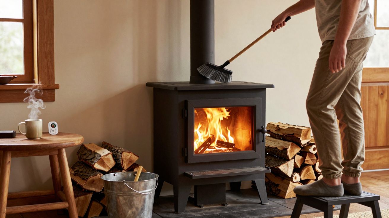 Pessoa varrendo lareira a lenha acesa em sala com troncos empilhados e mesa de madeira ao lado.