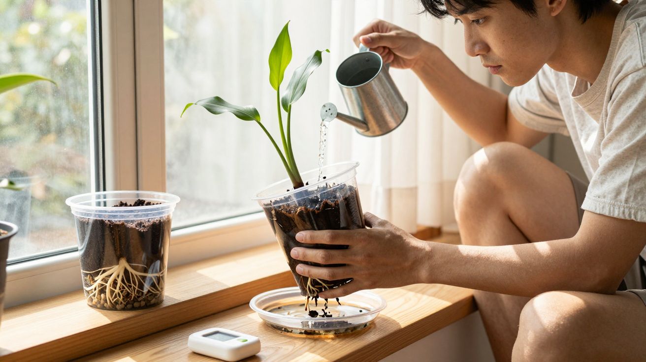 Pessoa regando planta jovem em vaso transparente ao lado de outra planta com raízes visíveis na janela.