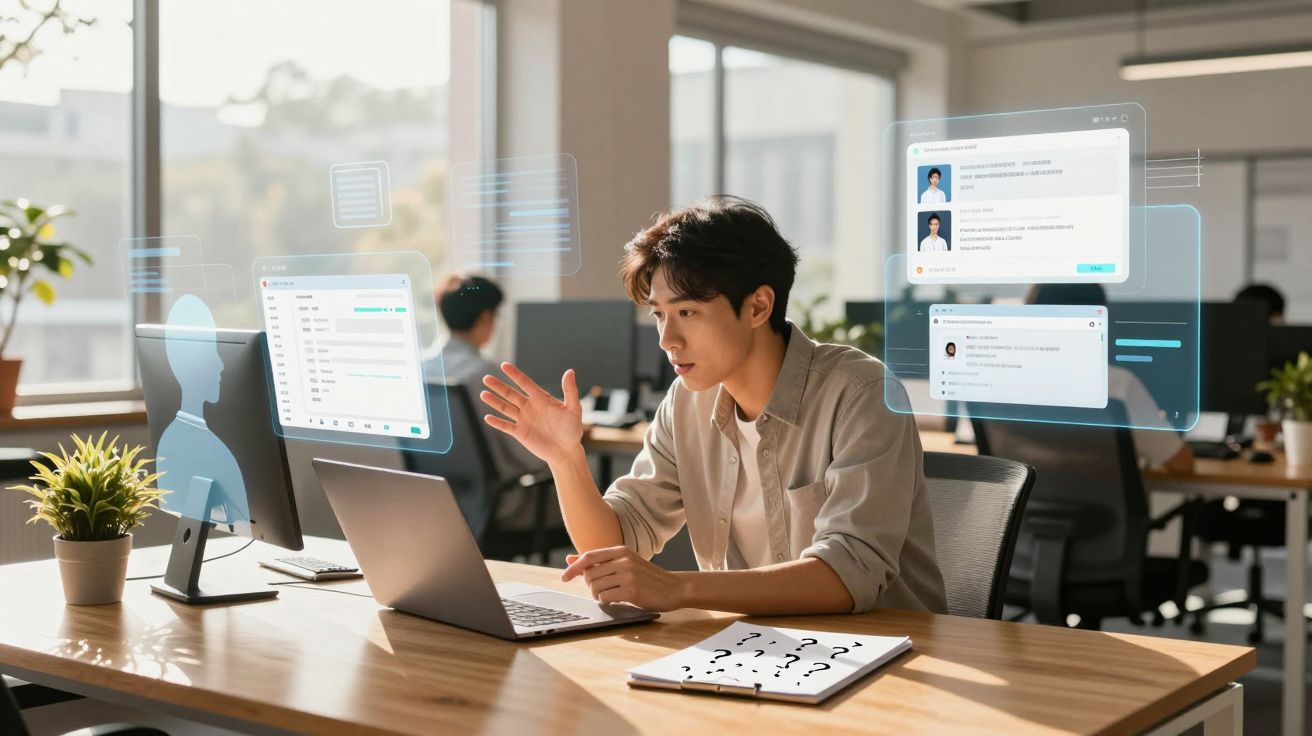 Jovem homem trabalhando em laptop com hologramas de dados em escritório moderno e iluminado.