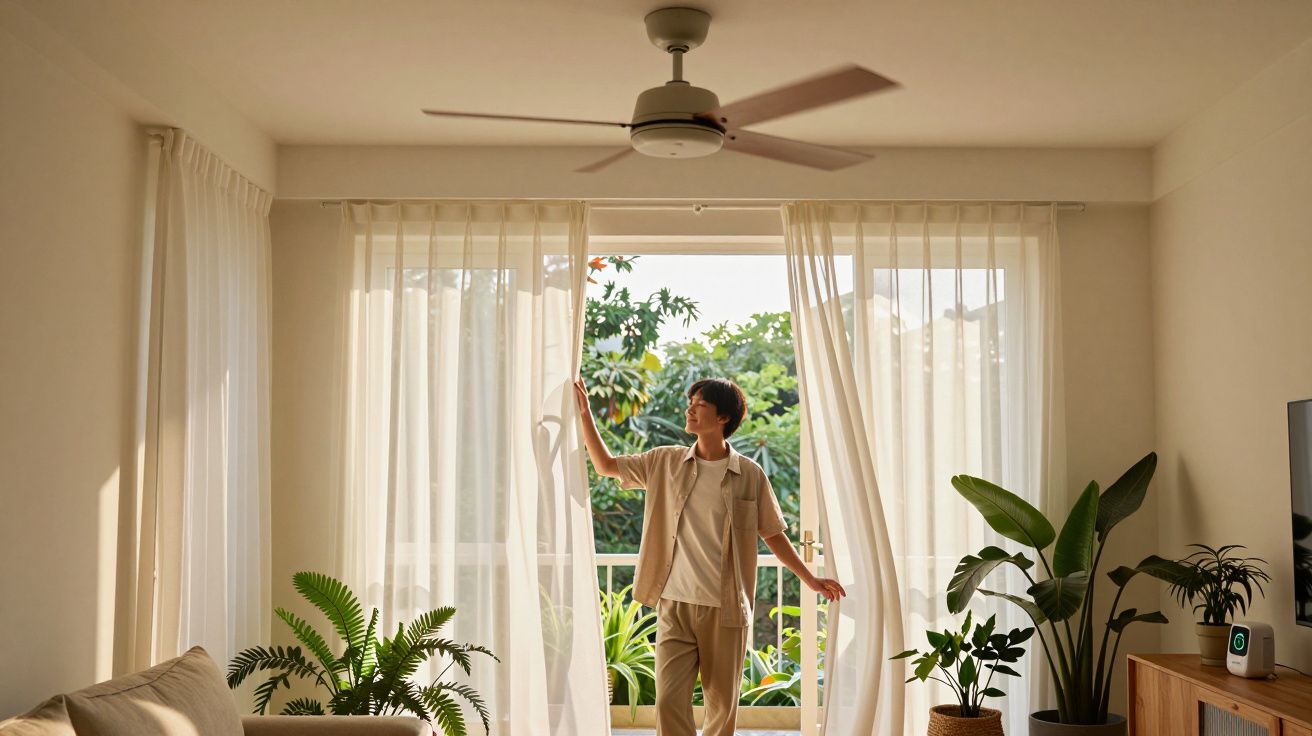 Pessoa abrindo cortinas brancas em sala iluminada com plantas e ventilador de teto.