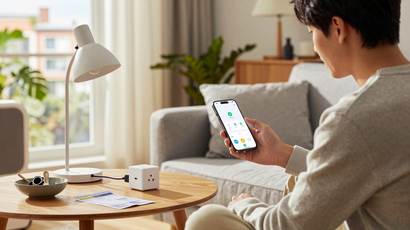 Pessoa sentada no sofá controlando lâmpada inteligente pelo celular em sala com mesa de madeira.