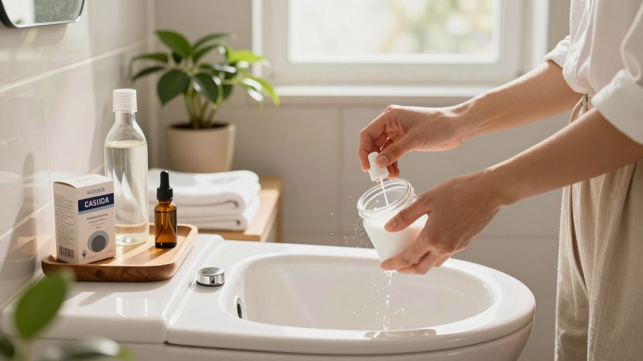 Pessoa preparando solução com pote branco na pia de banheiro iluminado com produtos e plantas ao fundo.