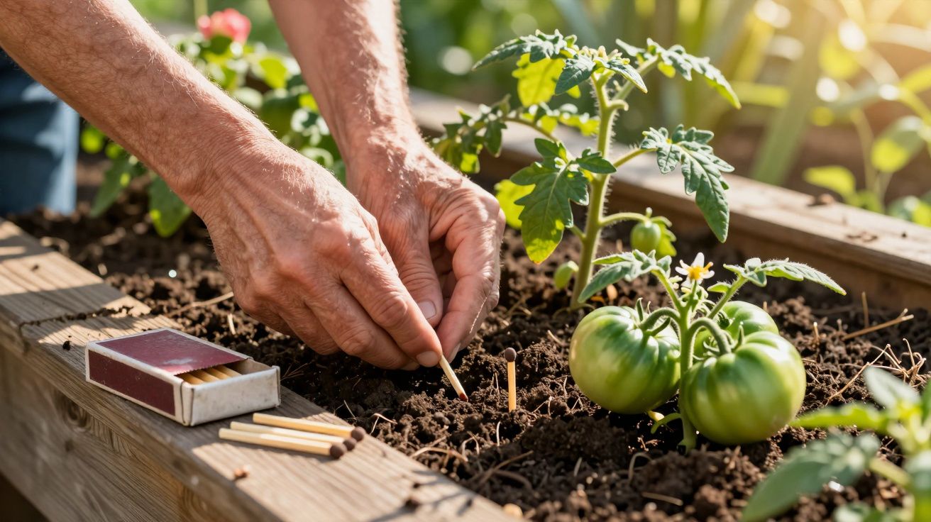 Mãos fincando palitos de fósforo na terra ao lado de uma muda de tomate verde em canteiro de madeira.