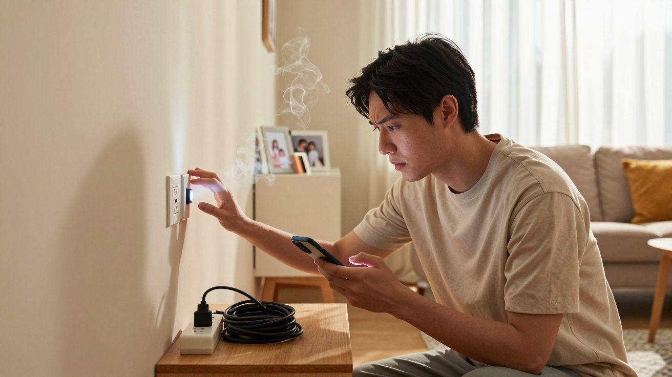 Homem preocupado tenta desligar tomada com fumaça saindo enquanto segura celular na sala.
