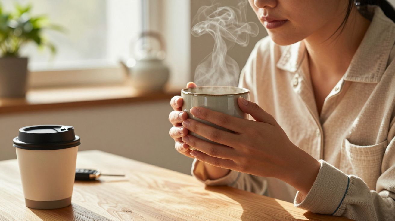 Pessoa segurando xícara de café quente com vapor em ambiente interno iluminado pela luz natural.