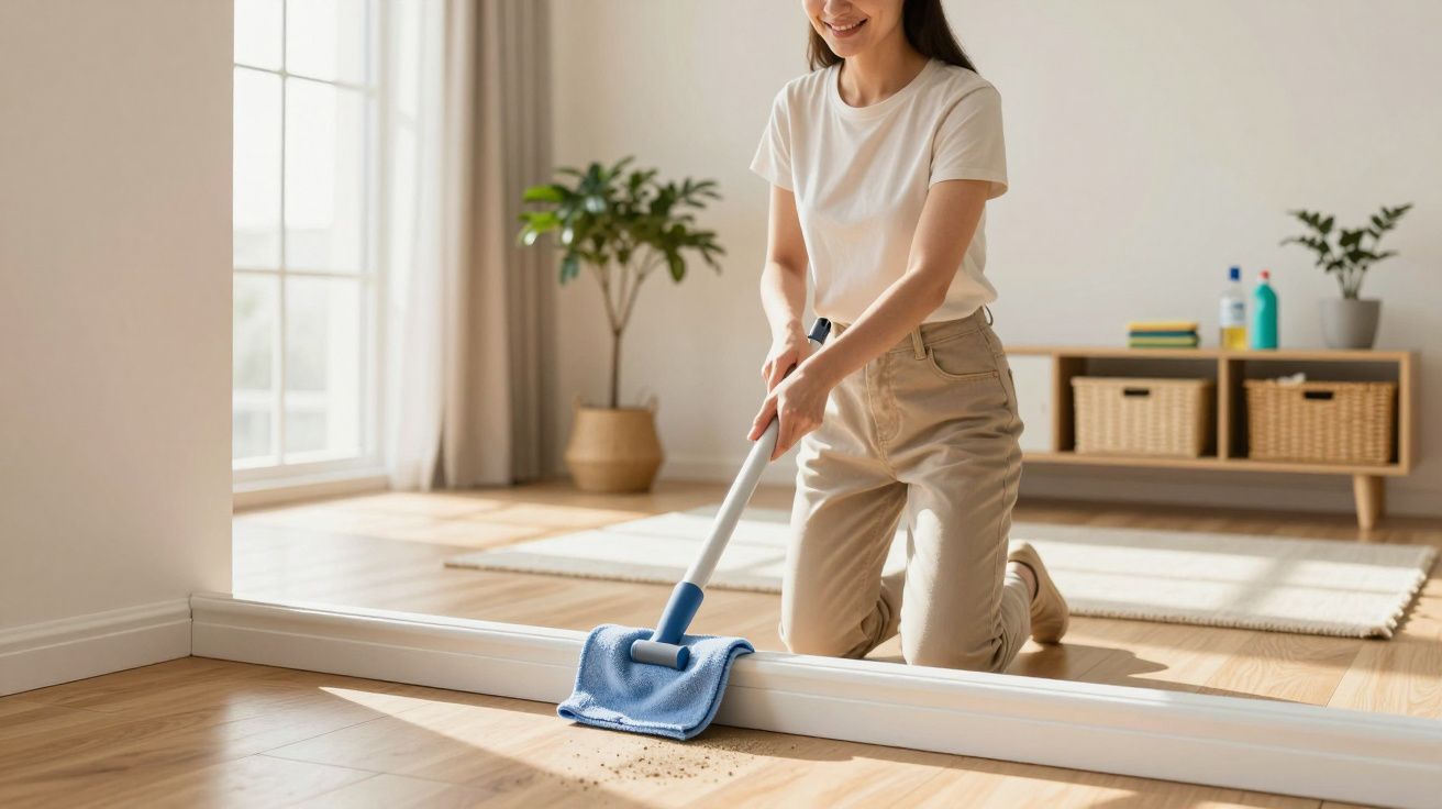 Mulher ajoelhada limpando sujeira do chão de madeira com esfregão azul em sala iluminada.