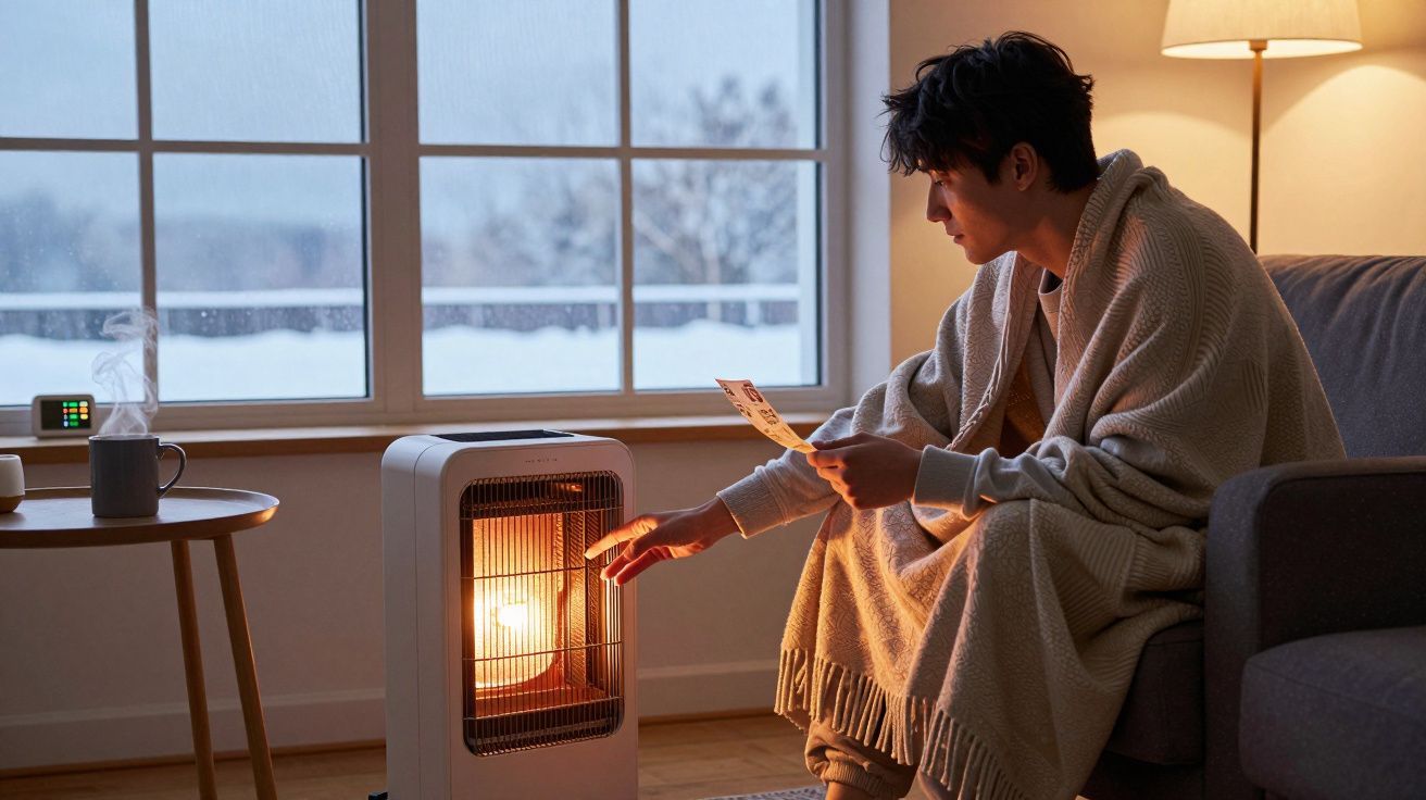 Pessoa aquecendo as mãos em frente a um aquecedor elétrico dentro de casa em dia frio.