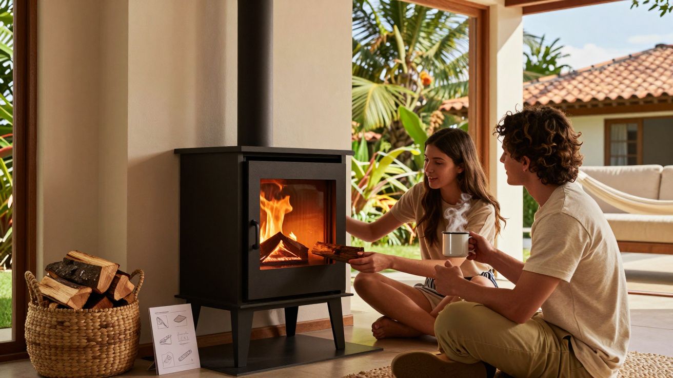 Jovens sentados no chão perto de lareira acesa, com lenha em cesta e paisagem de jardim ao fundo.