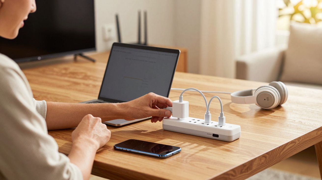 Pessoa conectando carregador em régua de energia próxima a laptop, smartphone e fones sobre mesa de madeira.