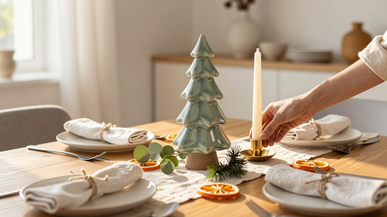 Mão acende vela em castiçal na mesa de madeira com decoração de árvore de Natal cerâmica e toalha branca.