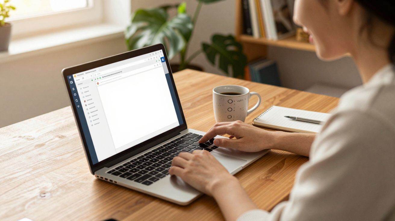Pessoa usando laptop em mesa de madeira com caneca, caderno e caneta, em ambiente iluminado e com plantas.
