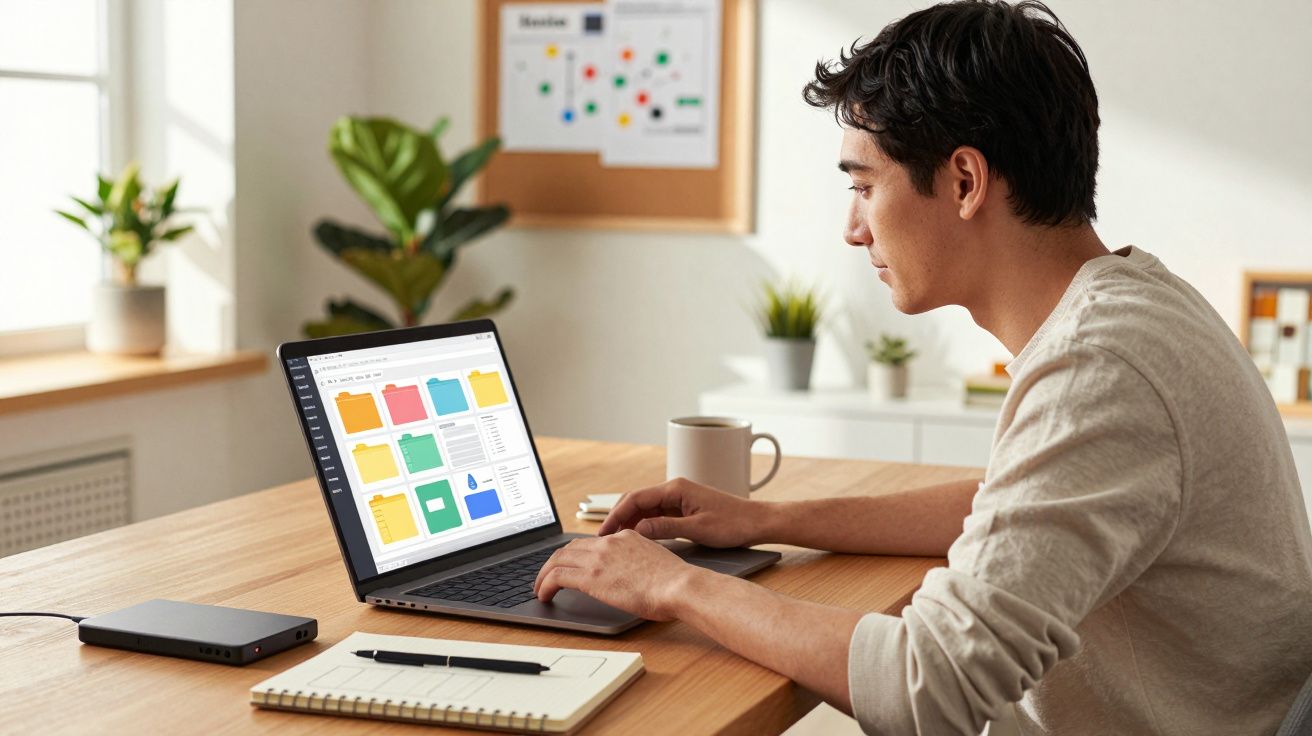 Homem sentado à mesa usando laptop com pastas coloridas na tela, caderno e caneta ao lado.