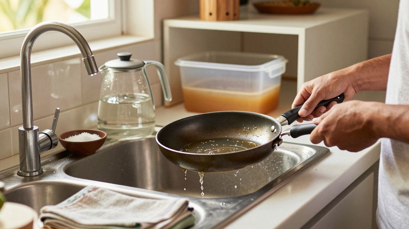 Pessoa lavando frigideira preta com alças pretas em pia de cozinha com torneira inox.