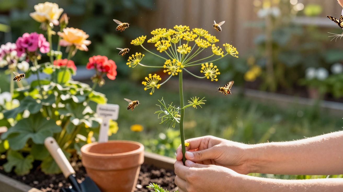 Pessoa segurando flor amarela com abelhas voando em jardim com flores coloridas ao fundo.