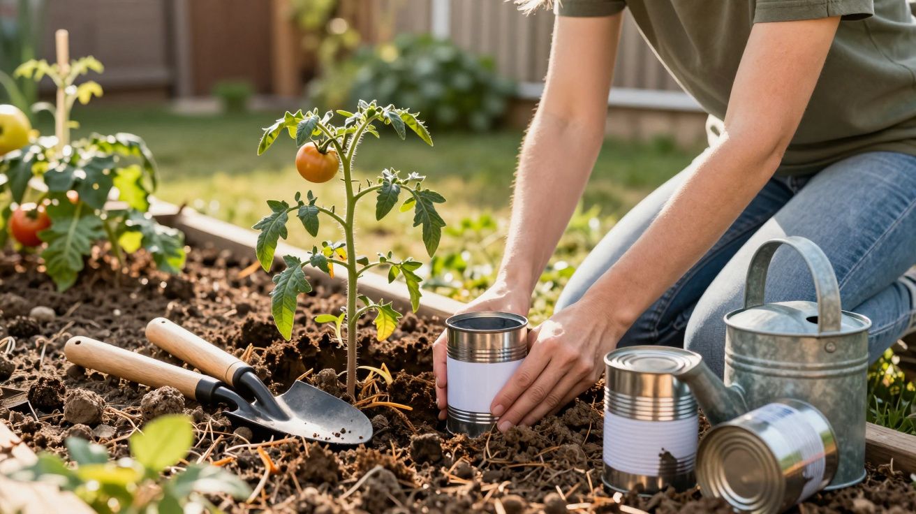 Pessoa plantando tomateiro em jardim com regador, pás e latas de metal ao redor.